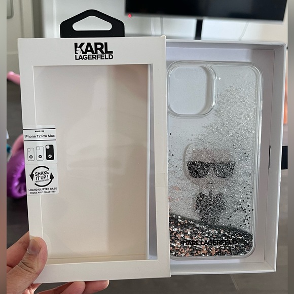 KARL LAGERFELD IPHONE 12 PRO MAX LIQUID GLITTER IN SILVER & LOGO CASE | NWT - Picture 5 of 6